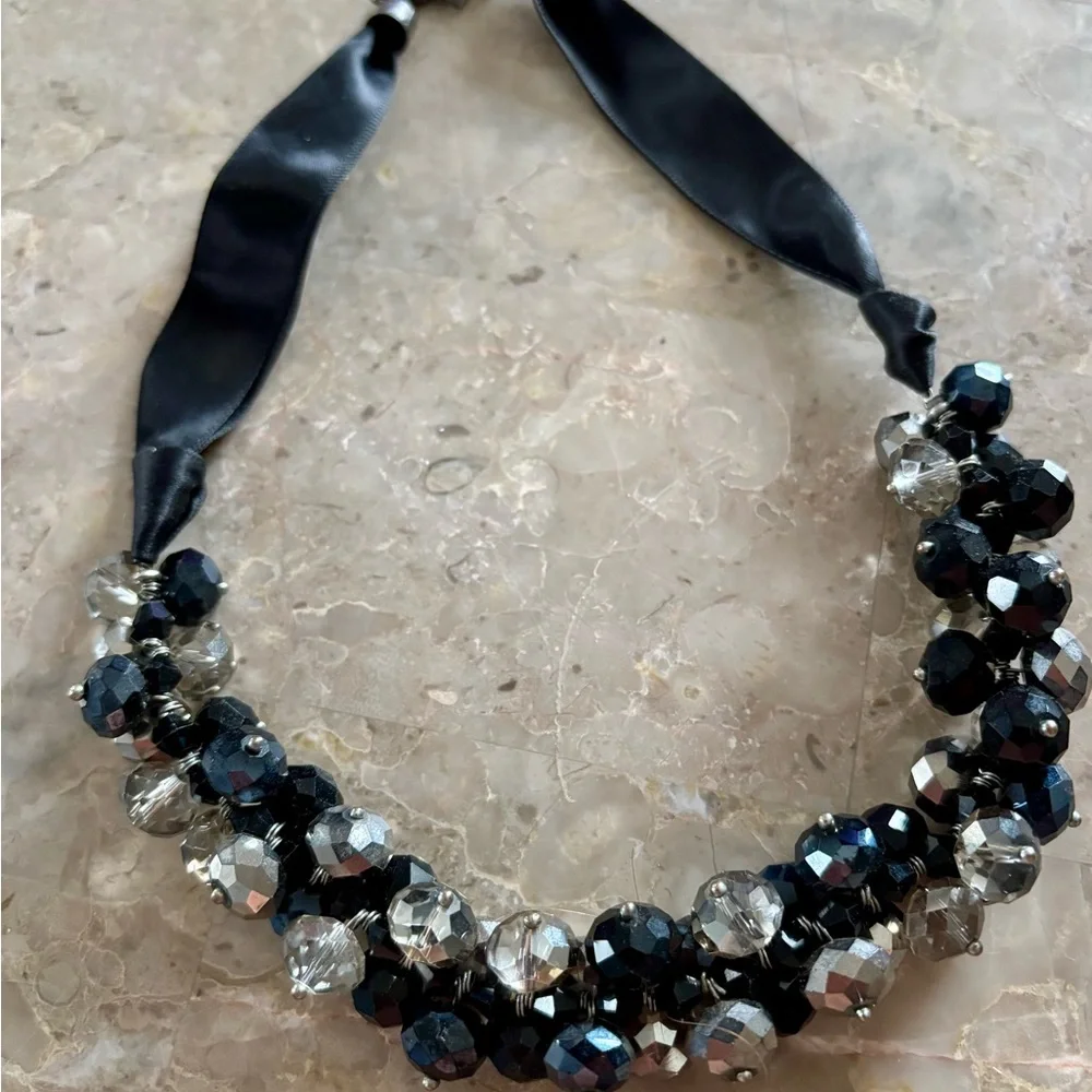 Vintage Ali-Khan New York Beaded Statement Necklace Black Crystal Ribbon